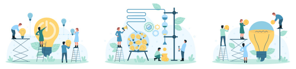 Business teamwork, idea funnel and innovation set vector illustration. Cartoon tiny people throw money to fill light bulb together, press power button on electric lamp, work to get creative results