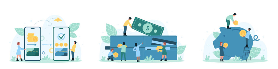 Money transaction, payment and investment set vector illustration. Cartoon tiny people transfer, receive and send money with mobile app in phone and electronic wallet, save gold coins in piggy bank