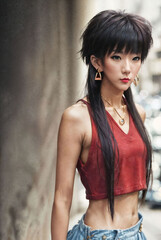 Fototapeta premium naughty young Thai asian woman with trending fashion style cloth , generative AI