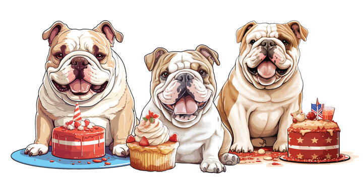 A proud bulldog holding a delicious cake adorned with maple leaves in canada day.Illustration of T-shirt design graphic.