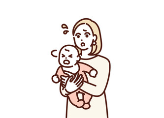 ぐずる赤ちゃんをあやしているお母さんのイラスト素材。