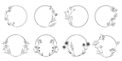 Natural flower wreath collection. Set of floral wreath for wedding, bridal, birthday and anniversary leaflet and templates. Vector illustration.