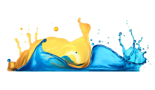 Transparent water splash wave element.  Isolated splashing blue and yellow happy water wave for pool party or sunny ocean beach travel. Web banner, backdrop, background png graphic.