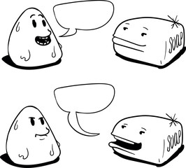 Two toilet soaps as cartoon characters having a conversation. Characters that look like two pieces of delicious food communicate.