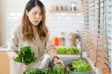 Smiling woman preparing fresh healthy salad vegetables. woman standing at pantry in a beautiful...
