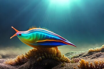 A colorful sea slug crawling on a piece of seaweed - Generative AI Technology