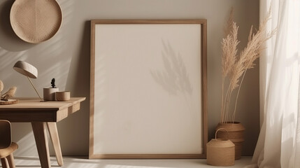 Mock up frame close up in home interior background, Boho style. Decorative modern still life. Empty wooden picture frame mockup. Artistic poster display. Elegant home interior. Generative AI