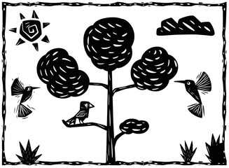 Tree with various birds. Rural setting, woodcut style and cordel literature.