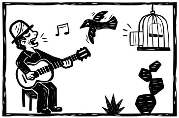 Singer playing viola and bird escaping from the cage. Separate vector art in woodcut and string literature style.