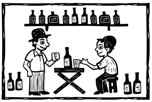 Countryside bar scene. Vector illustration in woodcut and cordel literature style.