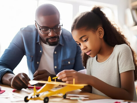 Close-up of black father with daughter working together to build a model airplane. Shallow depth of field with focus on the girl's face. Illustration created with Generative AI technology.