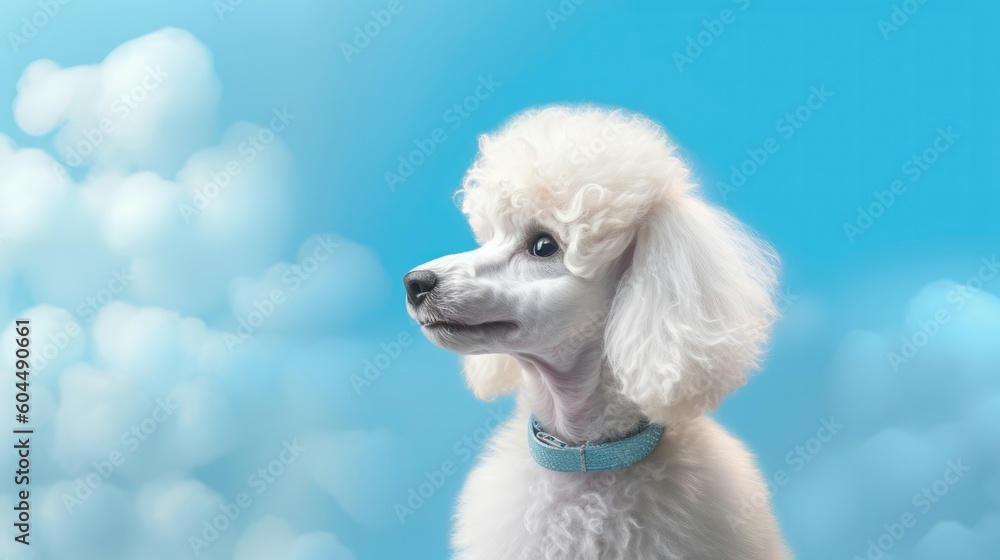 Sticker Cute poodle looking lateral with copy space for advertisement. Space background for banner text. Generative AI