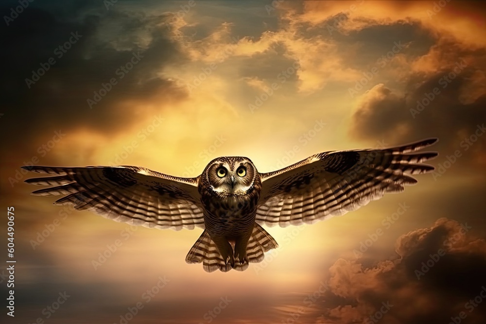 Poster an owl soaring through a misty and cloudy sky generative ai