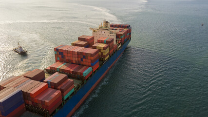 Aerial view container cargo ship, Global business industry import export commerce trade logistic...
