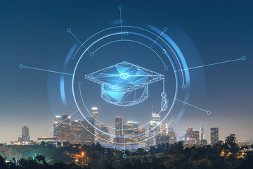 Illuminated Skyline panorama of Los Angeles downtown at night time, California, USA. Skyscrapers of LA city. Technologies and education concept. Academic research, top ranking universities, hologram