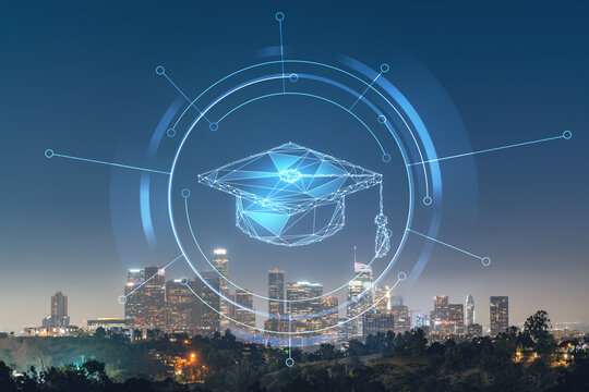Illuminated Skyline panorama of Los Angeles downtown at night time, California, USA. Skyscrapers of LA city. Technologies and education concept. Academic research, top ranking universities, hologram