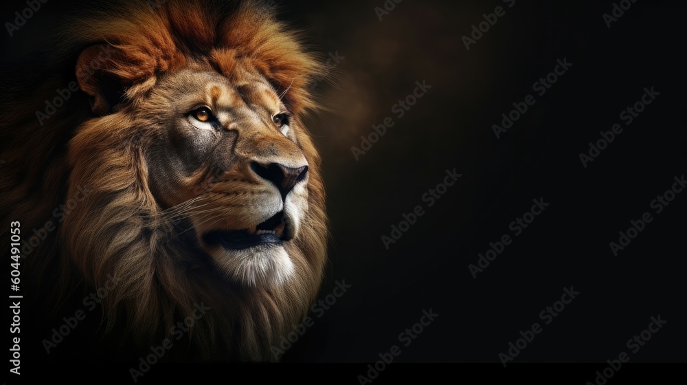 Poster Head of aggressive lion looking lateral with copy space for advertisement. Space background for banner text. Generative AI