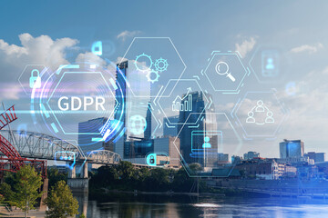 Panoramic skyline view of Broadway district of Nashville over Cumberland River at day time, Tennessee, USA. GDPR hologram, concept of data protection regulation and privacy for all individuals in EU