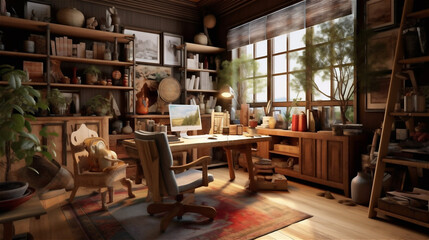 Generative AI, Cozy Home Office with Rustic Charm