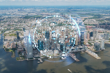 Fototapeta na wymiar Aerial panoramic helicopter city view of New Jersey City financial Downtown skyscrapers. Social media hologram. Concept of networking and establishing new people connections
