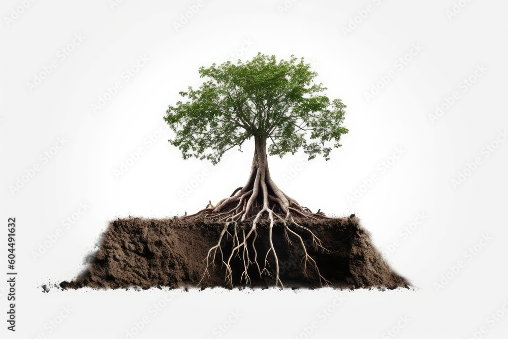 Poster tree with exposed roots growing out of the soil generative ai