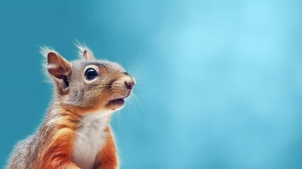 Obraz premium Head of furry Squirrel looking lateral with copy space for advertisement. Space background for banner text. Generative AI