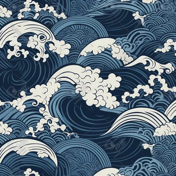 Japanese wave pattern in indigo 