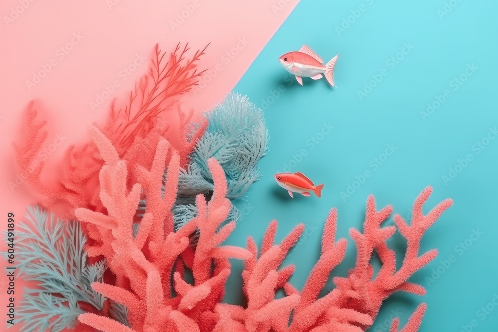 Poster corals and fish on a colorful background Generative AI