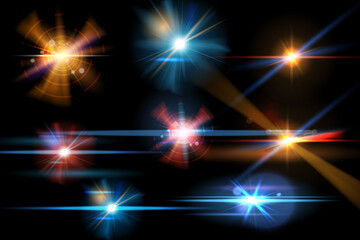 Vector set of Lens flare isolated on black background. Different light collection.
