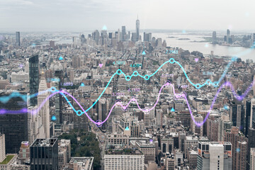 Fototapeta na wymiar Aerial panoramic city view of Lower Manhattan, Midtown, Downtown, Financial district, West Side, day time, NYC, USA. Forex graph hologram. Concept of internet trading, brokerage, fundamental analysis