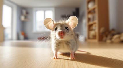 Cute mouse on living room table. Made with Generative AI.