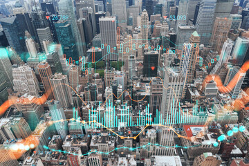 Fototapeta na wymiar Aerial panoramic roof top city view of New York City Financial Downtown district at day time. Manhattan, NYC, USA. Forex candlestick graph hologram. Concept of internet trading, brokerage, analysis