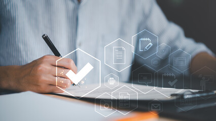accountant Audit documents, quality assessment management With a checklist, business document...