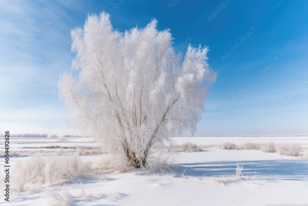Poster solitary tree standing in a snow-covered field generative ai