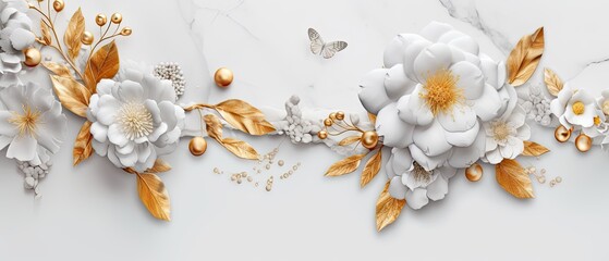 Naklejka na ściany i meble Background with a white marble or granite texture and mix of white luxurious flowers and golden leaves. Charming floral background , festive illustration, wedding card. Generative AI. 