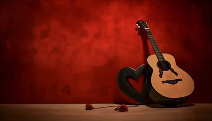 Fototapeta na wymiar Strings of Love A Nostalgic Guitar Serenade Amidst Red Roses and Wine Red Walls, Generative AI
