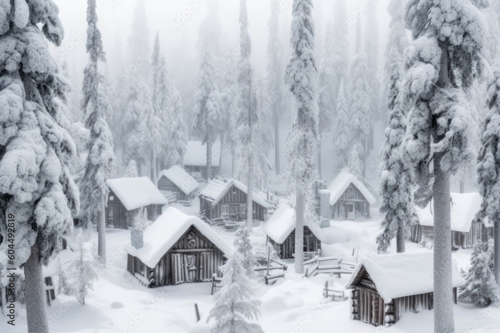 Poster winter wonderland with a forest of snow-covered trees generative ai