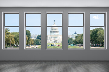 Obraz na płótnie Canvas Empty room Interior View to Capitol Dome Cityscape Washington City Skyline Window background. Beautiful Real Estate. Day time. 3d rendering.