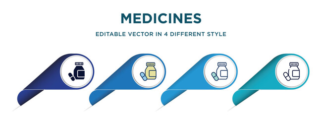 medicines icon in 4 different styles such as filled, color, glyph, colorful, lineal color. set of vector for web, mobile, ui