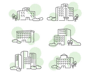 フラットな線画イメージ建物イラストドットパターン	緑