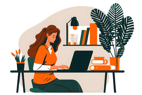 A business woman working at a desk with plants and books and laptop macbook, illustration
