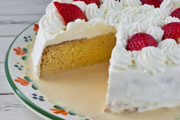 メキシコの伝統的なデザート　パステル・デ・トレス・レチェス（３種のミルクのケーキ）Traditional Mexican dessert Pastel de tres leches (three milk cake or tres leches cake)