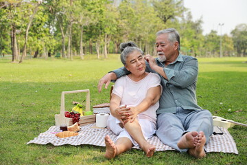 Happy asian senior man and woman sitting on blanket and having fun on picnic together in garden outdoor. Lover couple eating food and embracing at the park. Happiness marriage lifestyle concept.