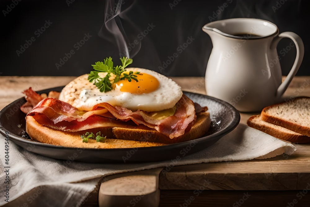 Poster a tray of crispy bacon and eggs with toast