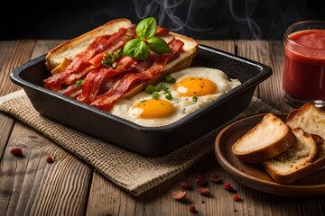 A tray of crispy bacon and eggs with toast
