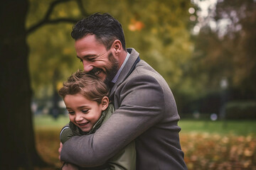 Fototapeta premium father and son hugging in the park, father's day, loving moment, autumn, generative ai