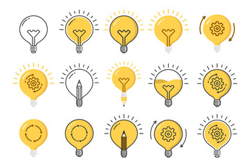 Set of 15 bulb icons on white background