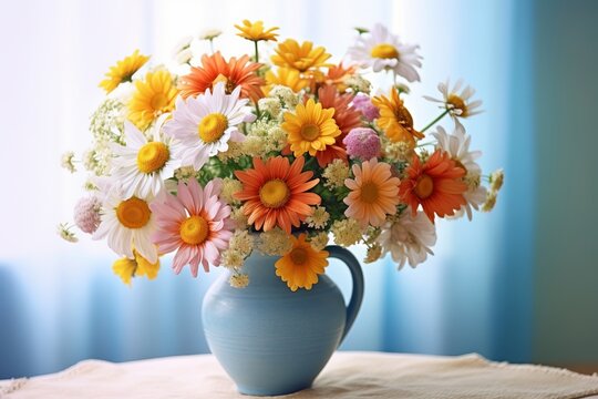 Colorful chamomile flowers in a flower vase, created with Generative AI technology