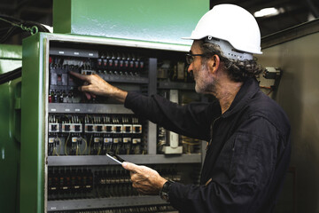 Electrical Engineer team working front control panel, An electrical engineer is installing and...