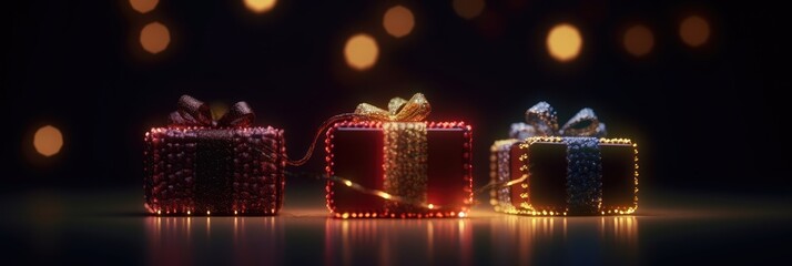 Gift box on night dark background with glitter lights blurred bokeh. Christmas and New Year surprise gift box with bright lights led garlands. generative ai
